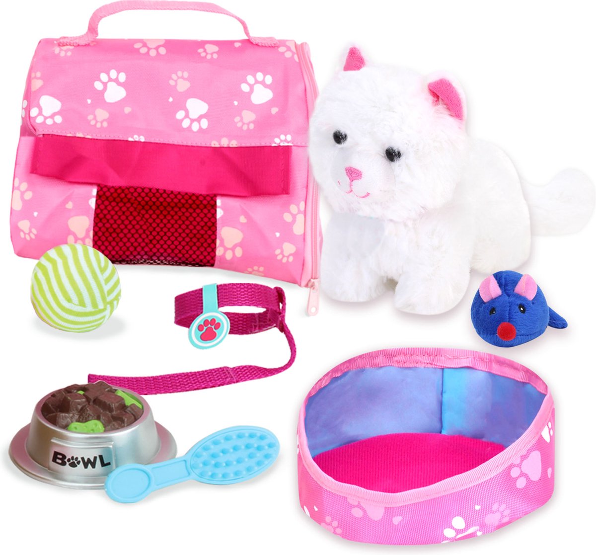 Sophias by Teamson Kids Witte pluche Kitty Kat en Accessoires Set voor 18 